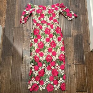 Xscape Pink and Green Floral Long Sleeve Dress